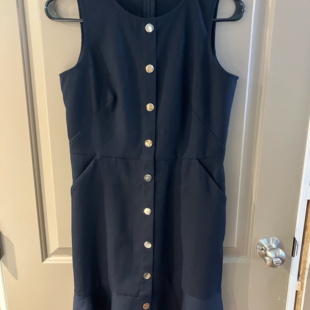 Loft Elegant Navy Sleeveless Dress with Gold Buttons Size 2P